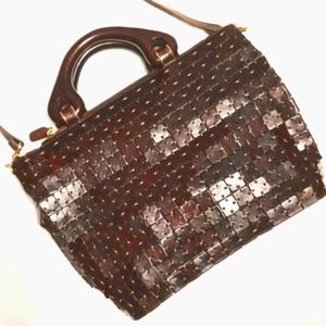 Vintage CEM Leather Tile Patchwork Purse Handbag Shoulder Bag Wood Handle Brown